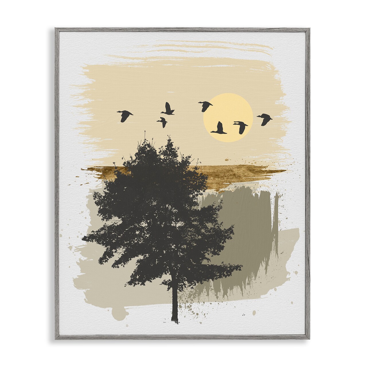 Birds Flying Over Tree Quick Abstract Grunge Painting Framed Giclee Art